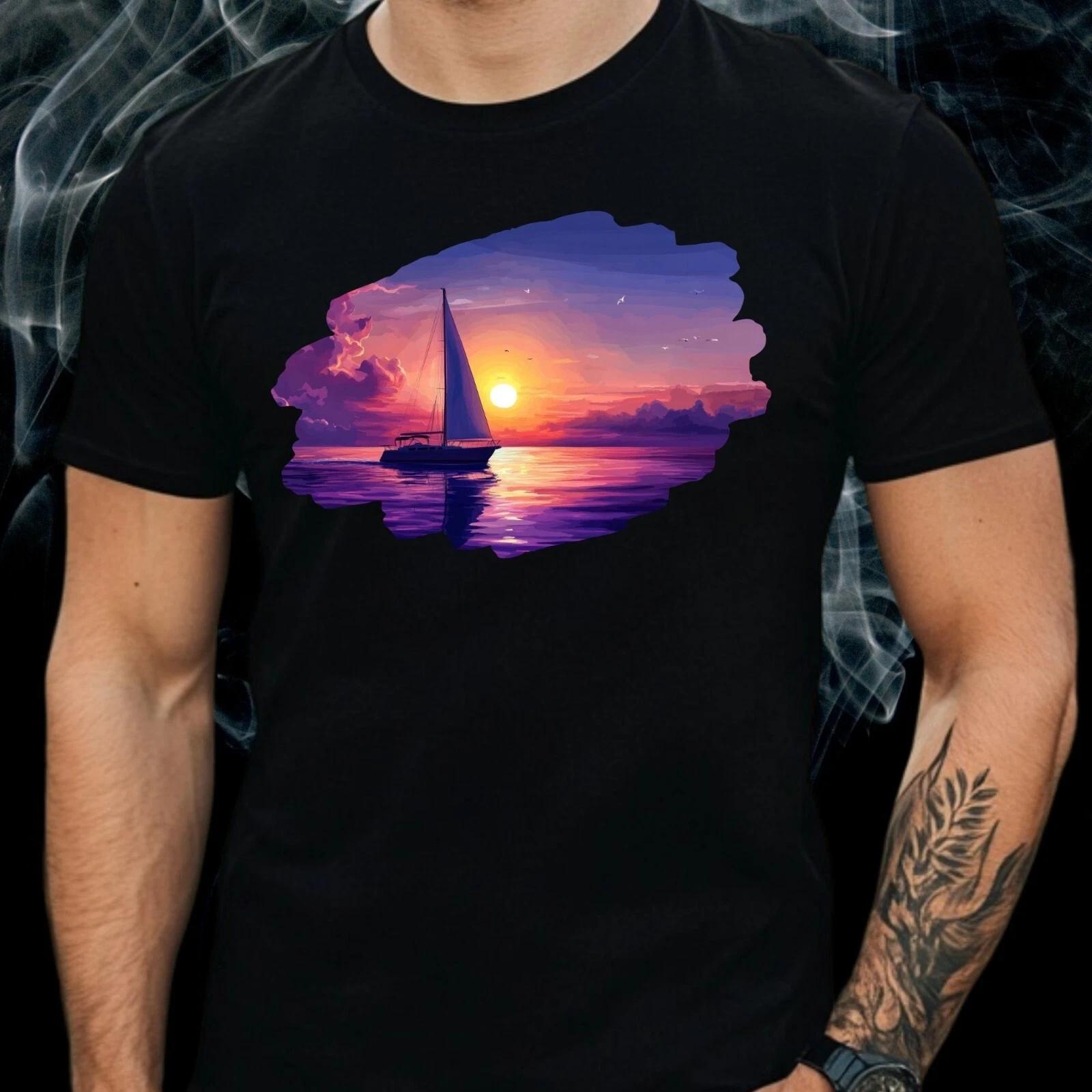 T-Shirt Herren Segelboot Sonnenuntergang Motiv Baumwolle Größe S bis 5XL M