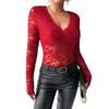 Women Tops Solid Color V-Neck Long Sleeve Shirt See-through Embroidery Lace Flower Pattern Casual Shirt