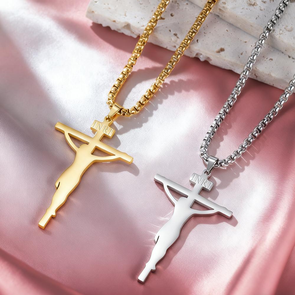 Dawapara INRI Crucifix Jesus Cross Pendant Necklace Christian Catholic Men Faith Necklace Stainless Steel Jewelry