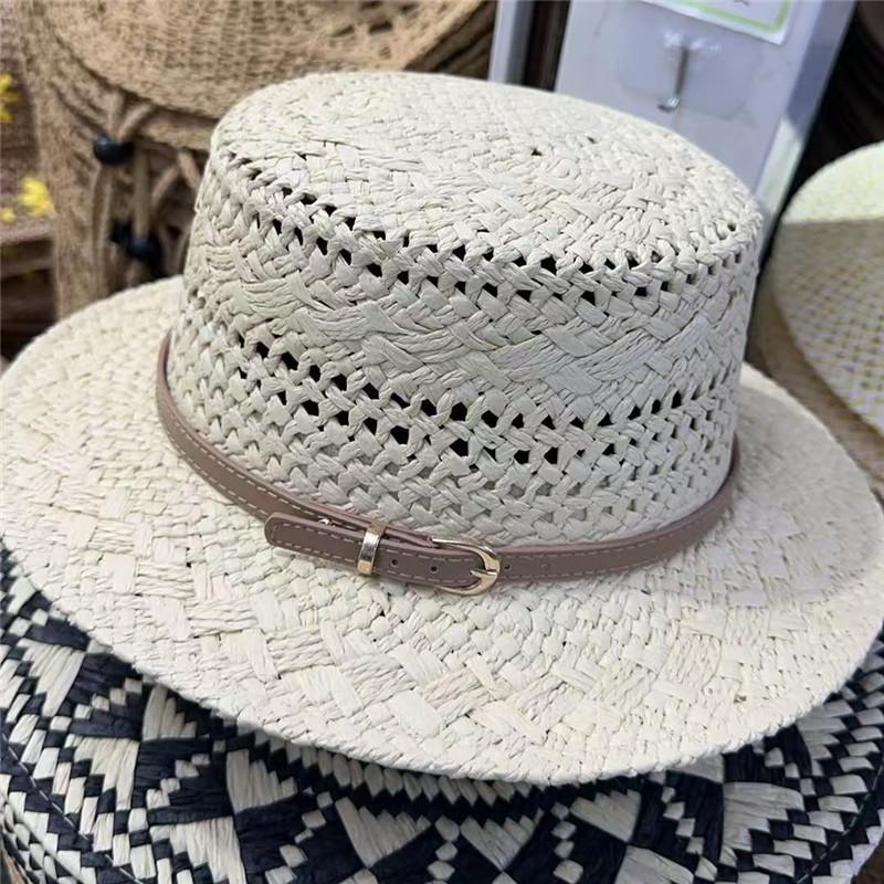 New British Style Retro Hollow Flat Top Straw Hat Female Summer Face Small Seaside Beach Vacation Sunscreen Hat Versatile