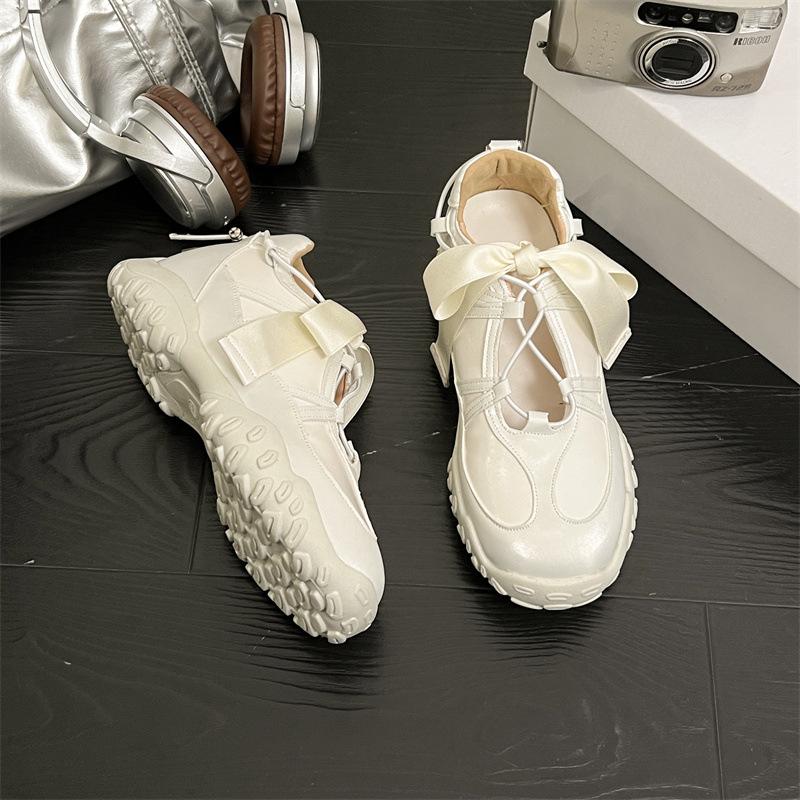 

French inner heightening small heels sports ballet shoes beautiful bow cross strap Mary Jane single shoes women 35 белый