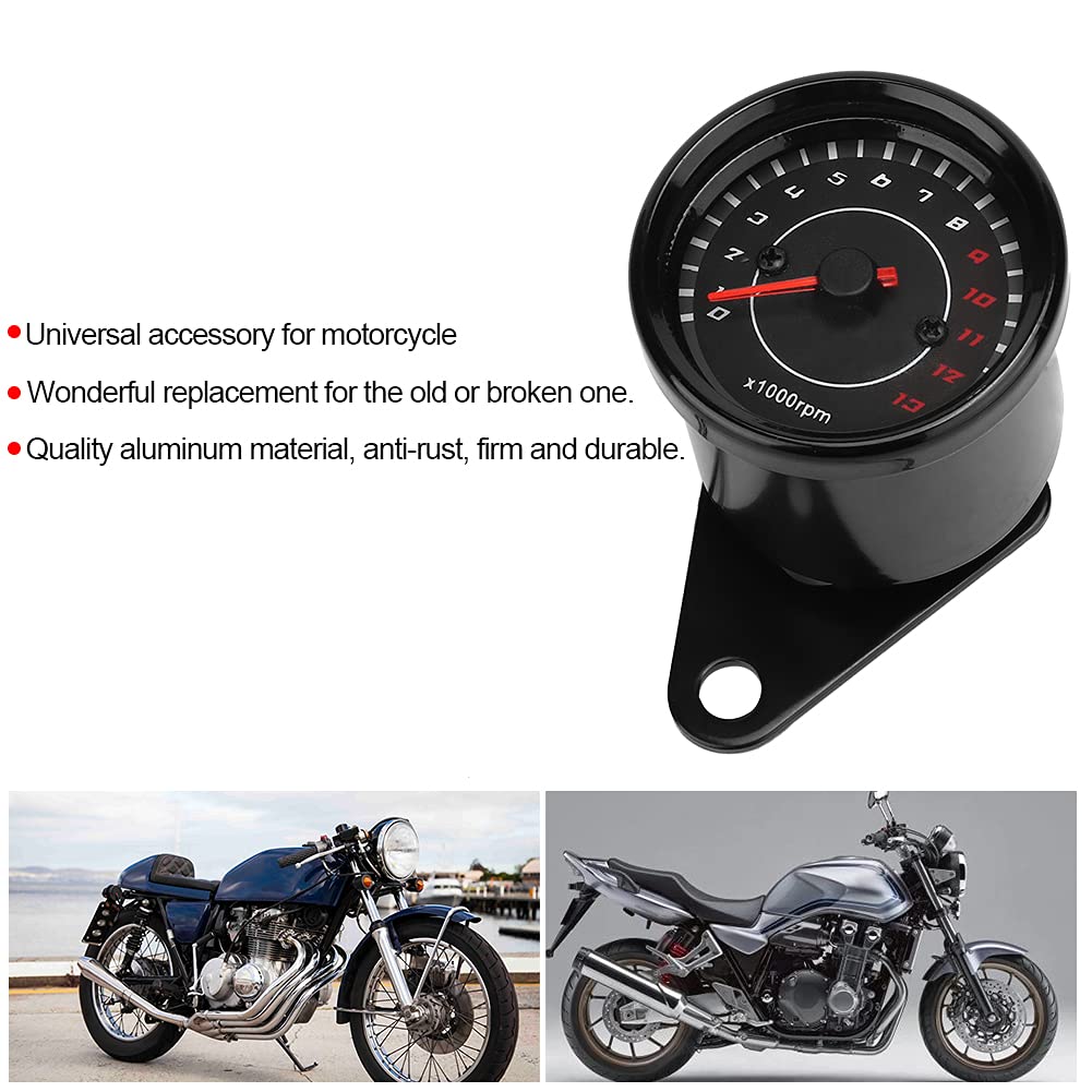 Motorrad Drehzahlmesser, Hintergrundbeleuchteter Drehzahlmesser Tachometer Aluminium Instrument Ersatz (Schwarze Schale, schwarze Oberfläche)