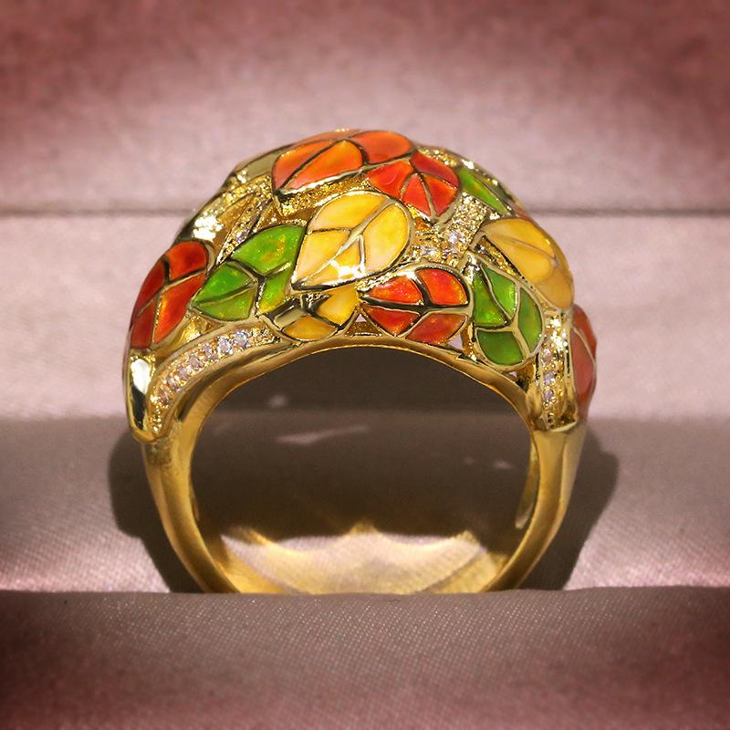 Ring for Women Retro Colored Enamel Ring Gold-plated Exaggerated Leaves Ring Children
