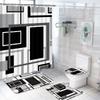 Geometric Blue Shower Curtain Set Non-Slip Rug Toilet Lid Cover Bath Mat Black Gray Bathroom Decor Waterproof