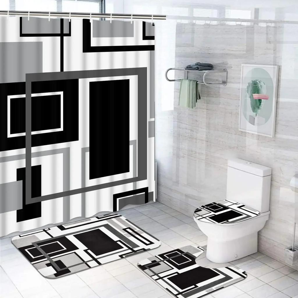 Geometric Blue Shower Curtain Set Non-Slip Rug Toilet Lid Cover Bath Mat Black Gray Bathroom Decor Waterproof