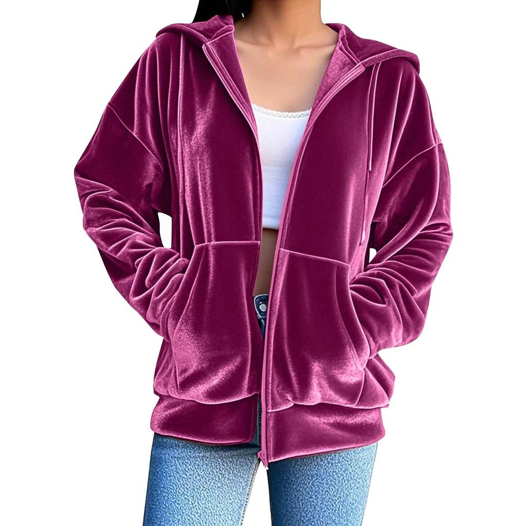 Dámské sametové mikiny s kapucí Módní jednobarevné na zip s dlouhým rukávem Volné pohodlné nadměrné mikiny Mikiny Bundy