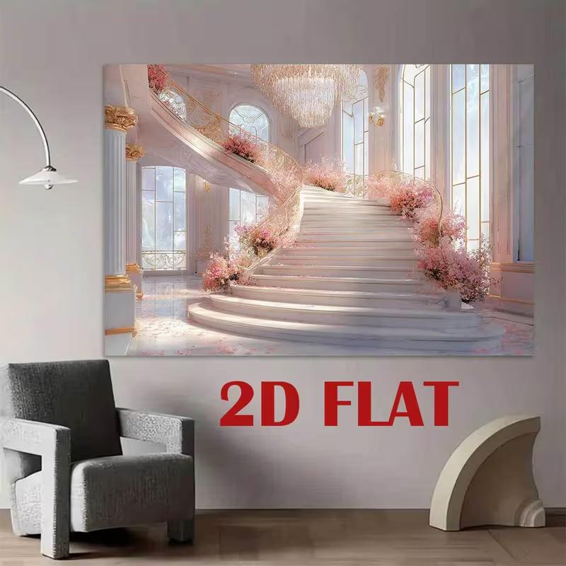 2D Fairytale Pink Staircase Backdrop 2D Flat Print Grand Palace Hall Background for Wedding Events