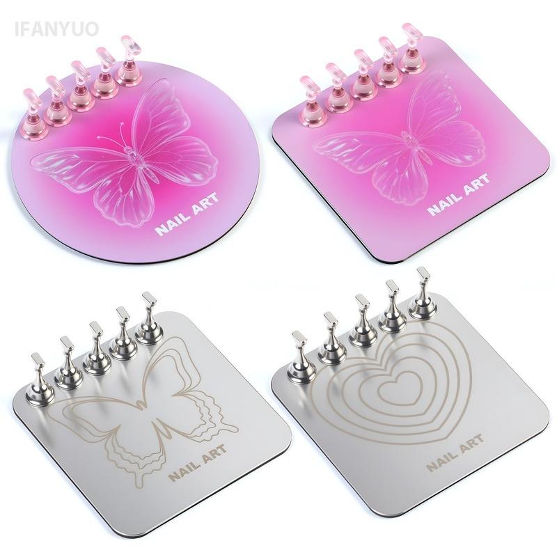 Pink Butterfly Nail Holder 6Pcs/Set False Nail Tip Practice Stand Aurora Base Full Magnetic Holder Tray Nail Art Salon Practice