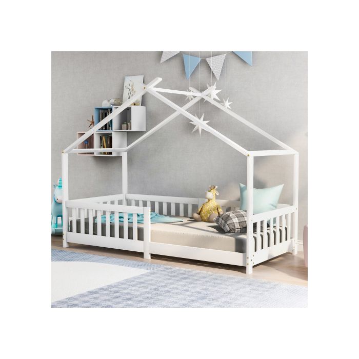 Lit d'enfant - MUVOE - 90x200 cm - Bois massif - Garde-corps - Blanc