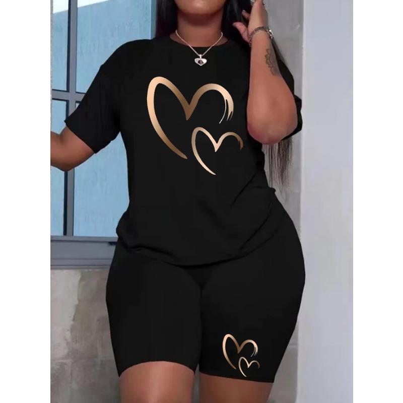 Plus size women's summer wear love printed high-end comfortable T-shirt two-piece set