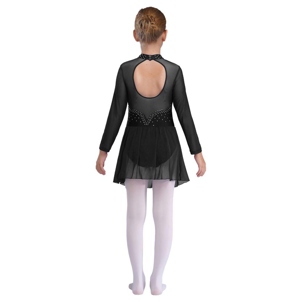 Glänzende Strasssteine Tanzleotard für Mädchen Transparente Mesh Lange Ärmel mit Schlüssellochausschnitt am Rücken Eiskunstlauf Ballettkleid