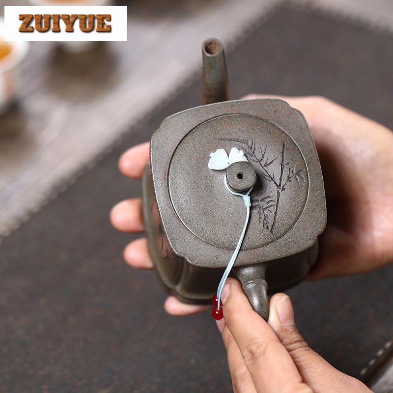 300ml Handmade Yixing Purple Clay Teapots Handmade Square Bamboo Joint Pot Raw Ore Crust Green Mud Kettle Chinese Zisha Tea Set