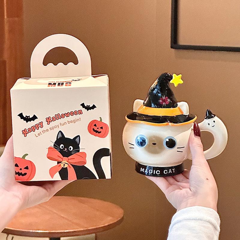 Creative Halloween gift magic hat cat ceramic mug with lid for girls practical mug souvenir gift box