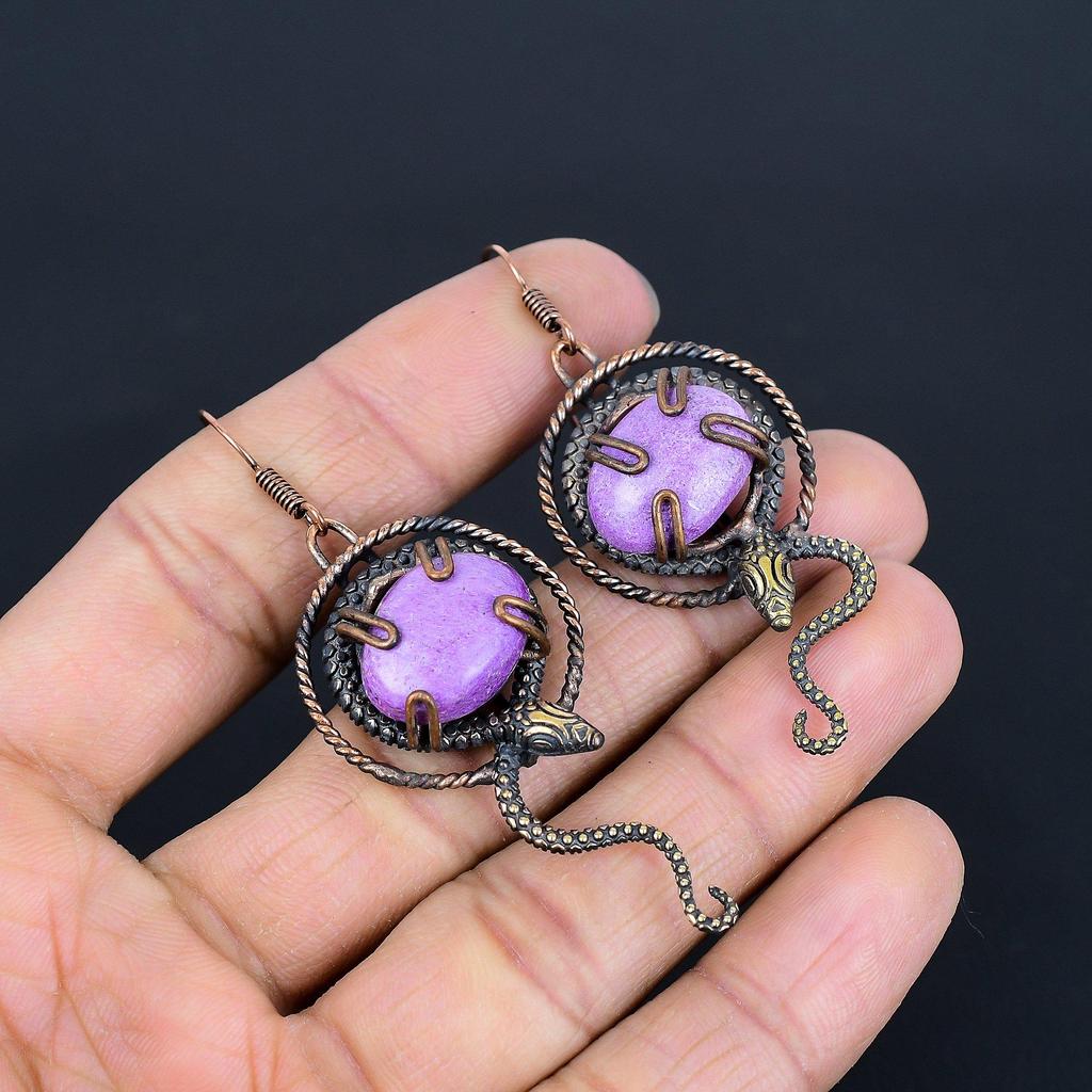 Purpurite 999 Copper Wire Wrapped Earrings, Handmade Gemstone Jewelry Earrings For Memorial Day