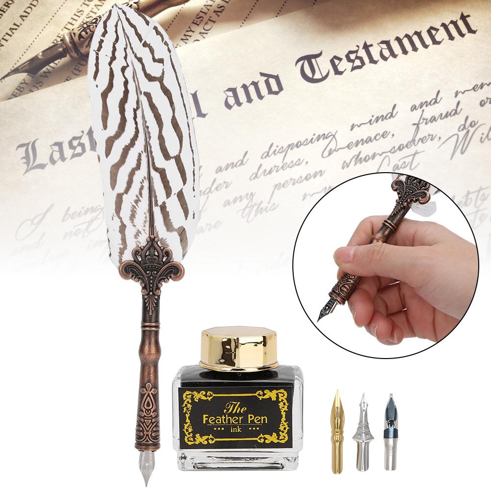 Sada per s peřím, psací potřeby s přírodním vzorem, retro kolekce pro tvoření, pro banket, Signature, bílá