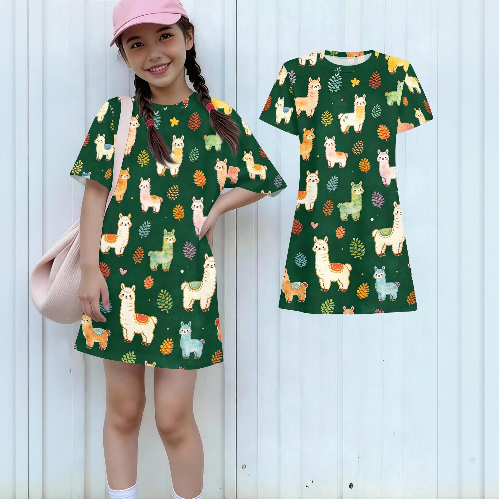 

Girls Loose Fit Short Sleeve Dress Round Neck Lightweight Casual Dress with Animal Print Suitable for Everyday Wear and Outdoor Activities 160