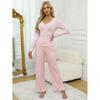 2024 Women's Autumn Ribbed Lace Collar Butterfly Print Long Sleeve Slim Fit Homewear Set