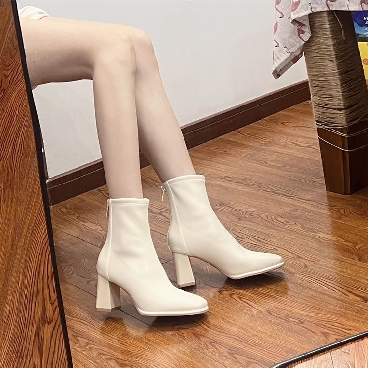 Soft Leather Foreign White Short Boots High-heeled Boots Women's 2025 Autumn and Winter New Martin Boots Thick Heel Rear Zipper Thin Boots