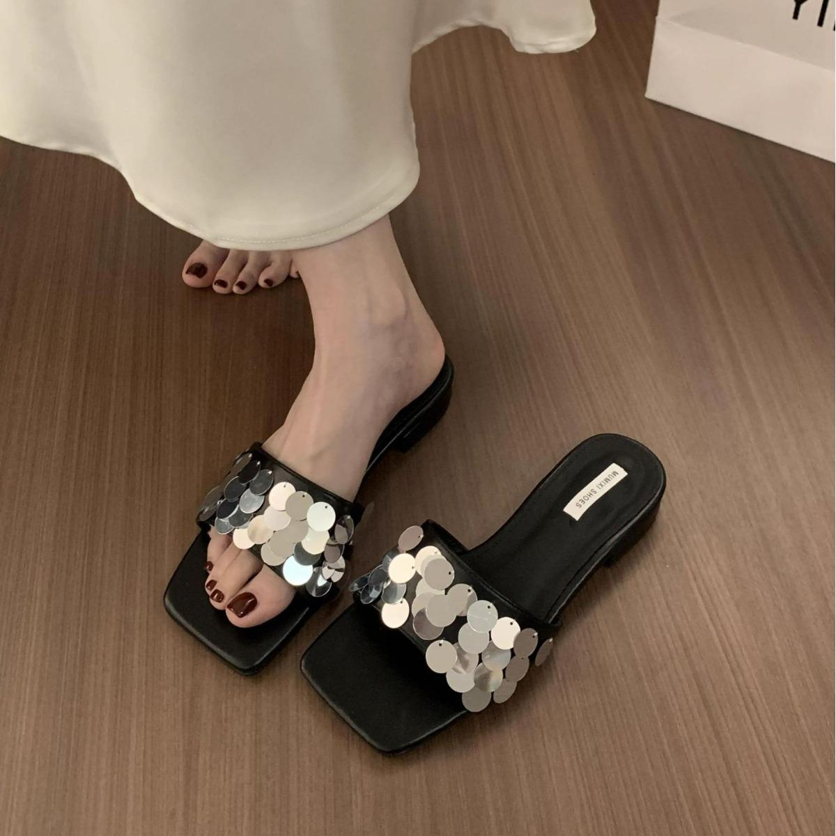 

Модная французская женская обувь на толстой подошве 2025 лето новая с квадратным носком балетки модные универсальные женские тапочки простые женские сандалии 39