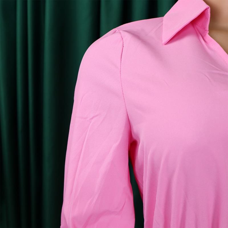 Women Fashion Turn Down Collar Long Sleeve High Waist Pleated Solid A Line Midi Dress