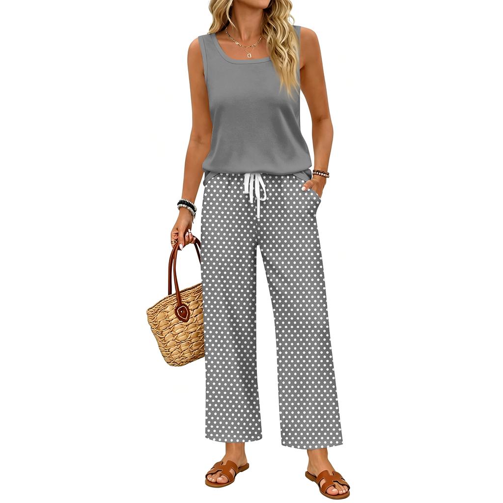 Women Sleeveless Tank Top and Wide Leg Pants Two Piece Set Polka Dot Print Elastic Waist Casual Lounge Wear for Travel Vacation Home