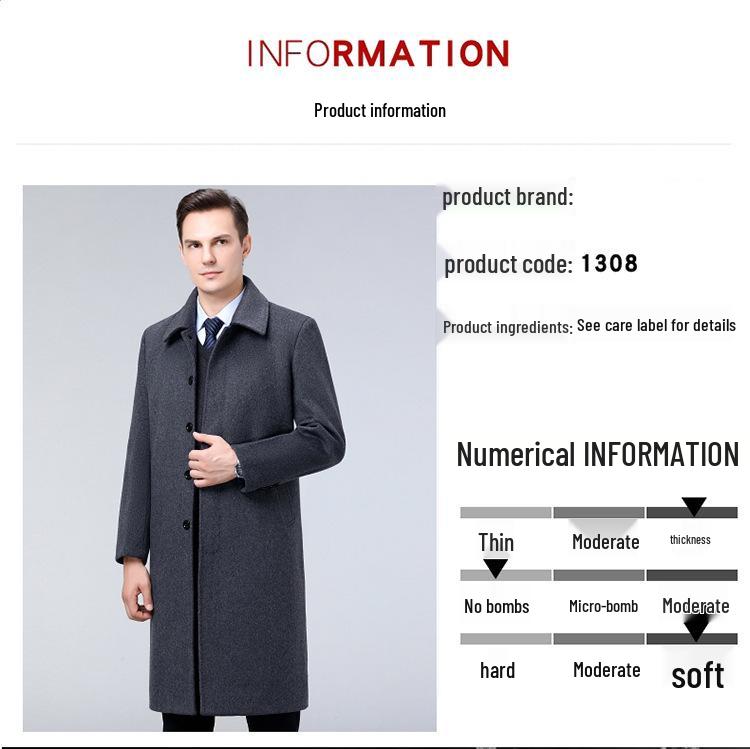Men's Winter Cashmere Coat, Velvet-Lined, Knee-Length, Warm Woolen Trench for Middle-Aged and Elderly, Dad-Style Outerwear.