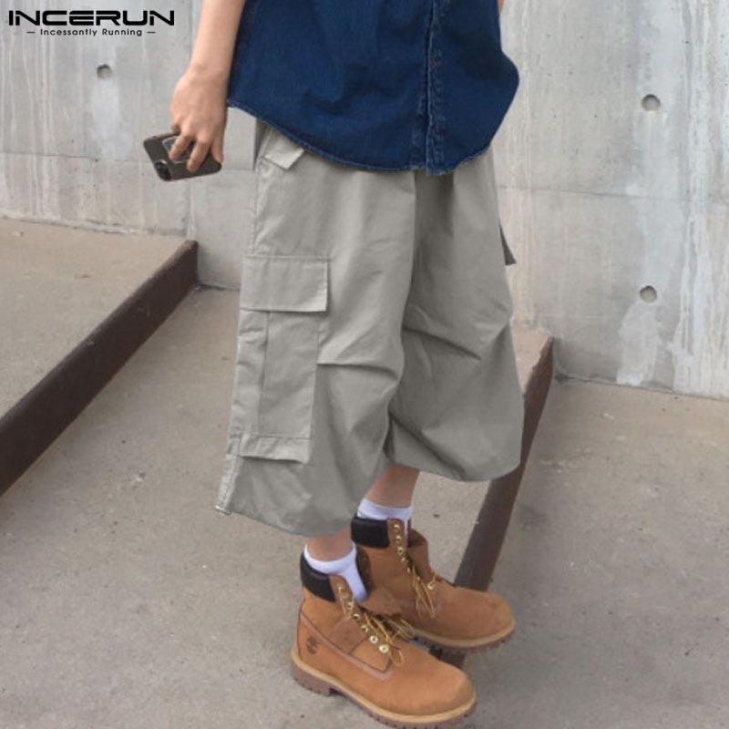 INCERUN Men Drawstring Elastic Waist Ruffled Casual Vintage Cargo Capri Pants with Pockets