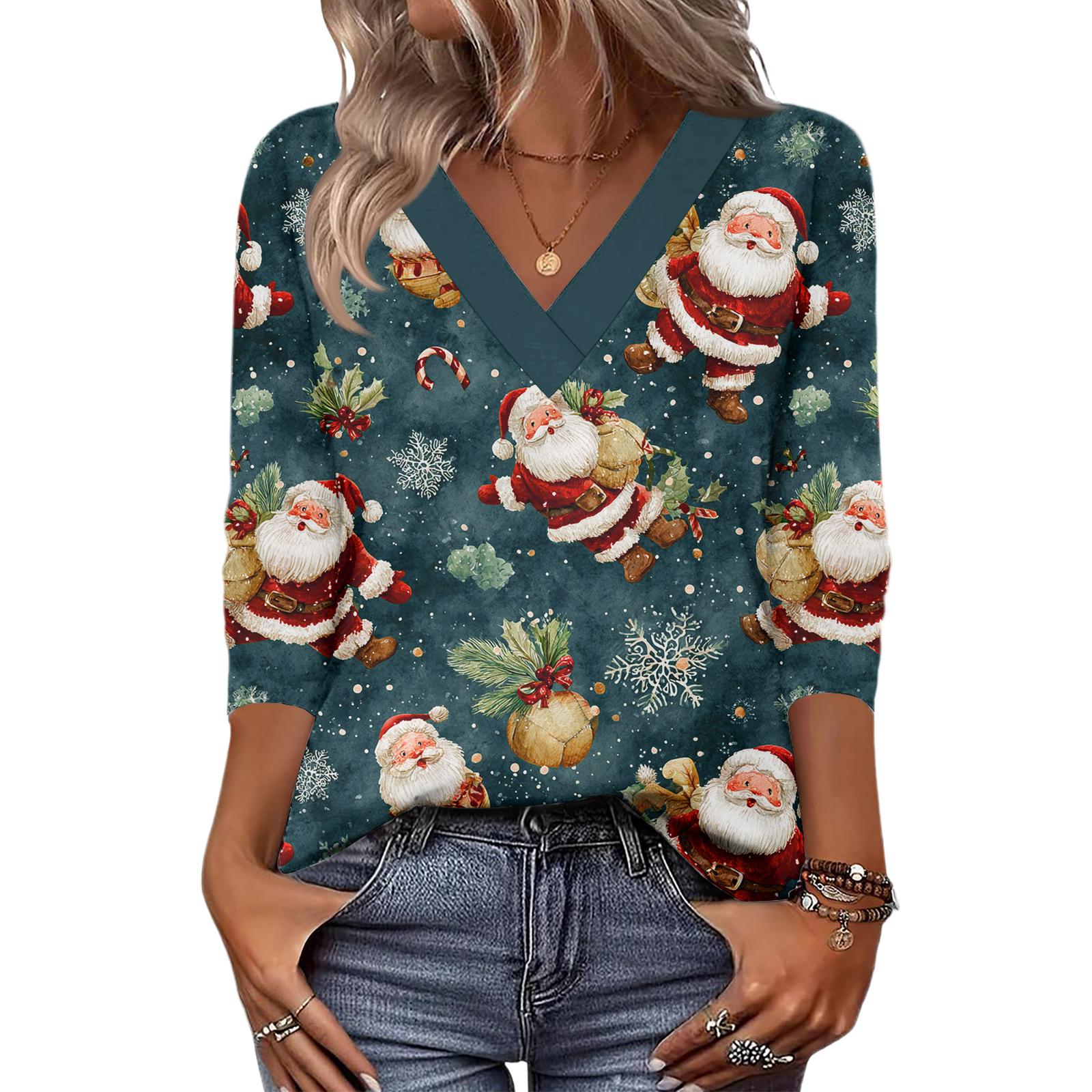 

Women s Loose Comfortable Casual Fashion V-Neck Christmas Print 3/4 Sleeve Top XL
