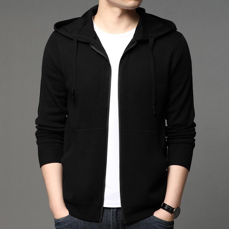 Men's Trendy Korean-Style Solid Color Zipper Hoodie - Long Sleeve Knit Cardigan