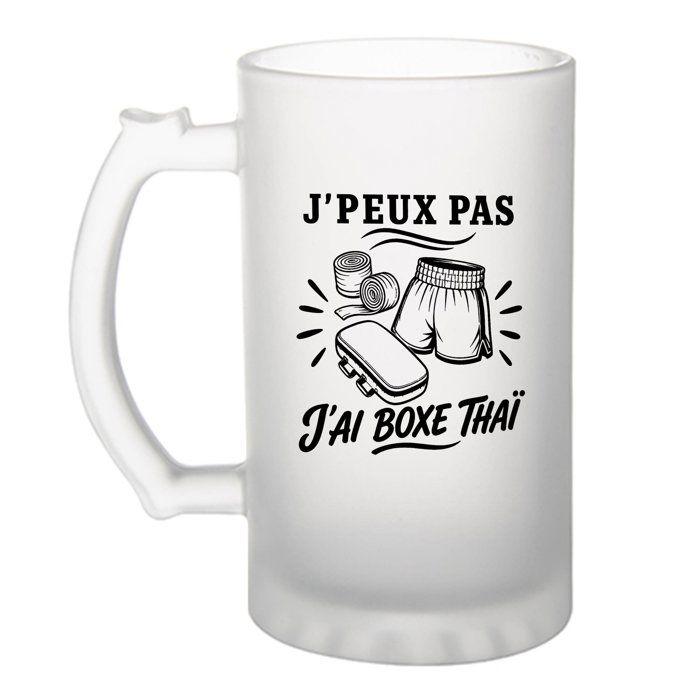 Chope à bière - PLANETEE - J’peux pas j’ai Boxe thaï (minimaliste) - Verre trempé givré - 470 ml - Imprimée en Bretagne