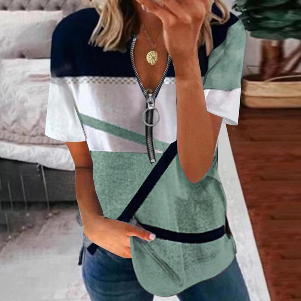 Fashion Women's T-shirt Summer New Style Women's Zipper Printing Loose Soft Short-sleeved Top