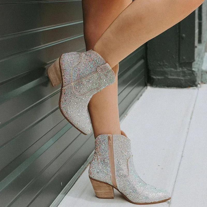 Western Cowboy Boots Fashion Women Ankle Boots Glitter Bling Shiny Trend High Heels High Quality Sexy Shoes Botas De Mujer