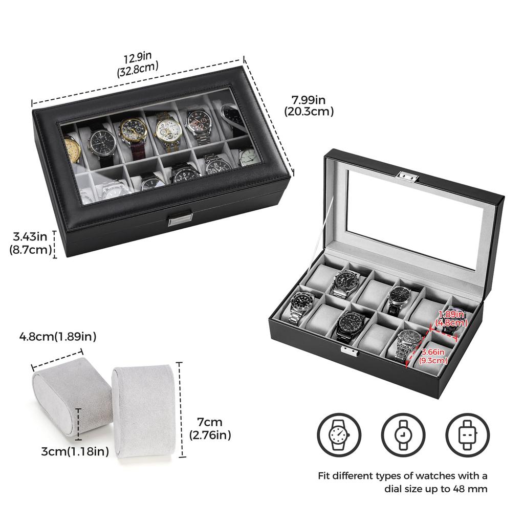 ProCase Watch Box for 12 Slots Watch Watch Storage Watch Holder Organizer for Watch Display Case with Glass Lid Men, Men's Case, Men,