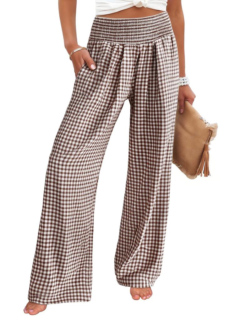 Women's High Waist Elastic Waistband Wide Leg Pants Multi Color and Pattern Plaid and Solid Options