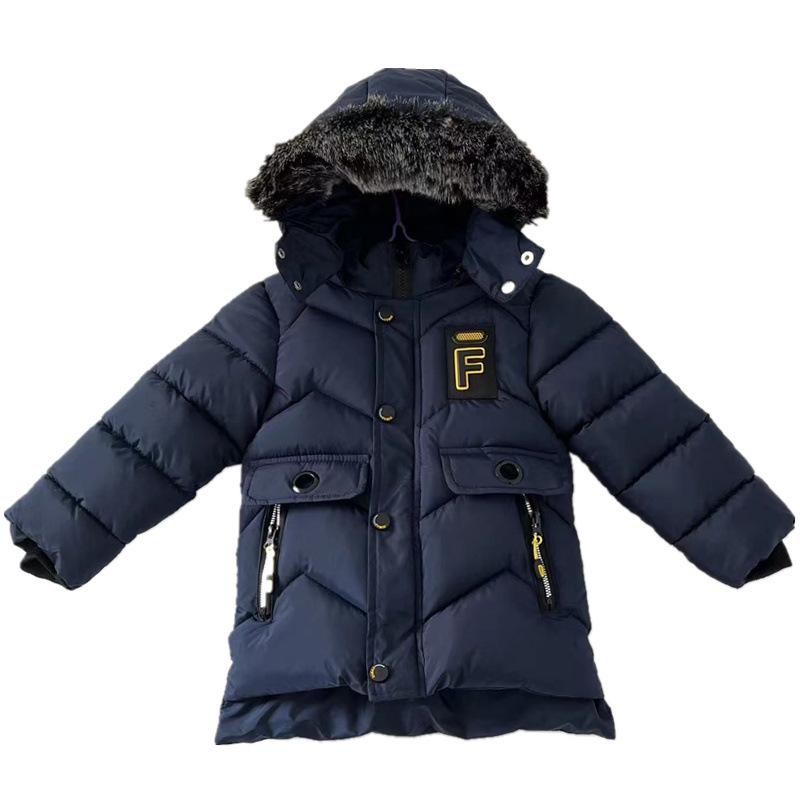 Boys' Winter 2024 Mid-Length Cotton Coat: Korean Style, Thickened, Fleece-Lined, Big Fur Collar, for Small and Medium Children.