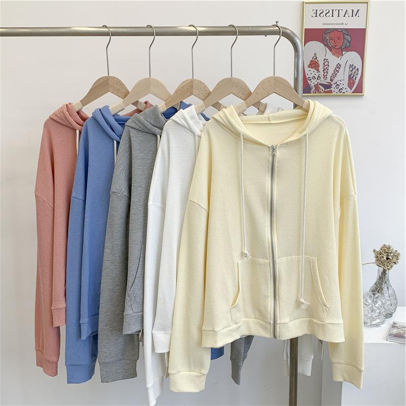 Mom See Series Tops Women's Waffle Cardigan Zipper Sweater Women's Autumn New Loose Student Jacket