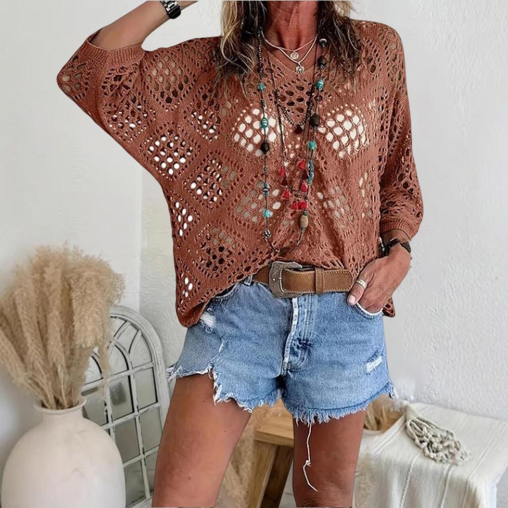 Women's V-neck Diamond-shaped Openwork Sleeve Sweater Cardigan Knitted Top