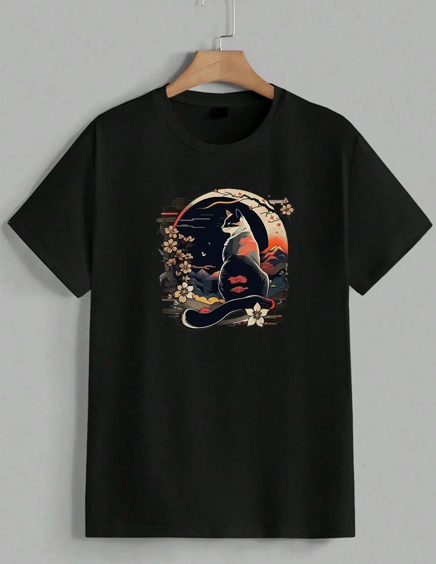 Japanese Ukiyo-e Cat Cherry Blossom Fuji Mountain Art Graphic T-Shirt Unisex XXXXL