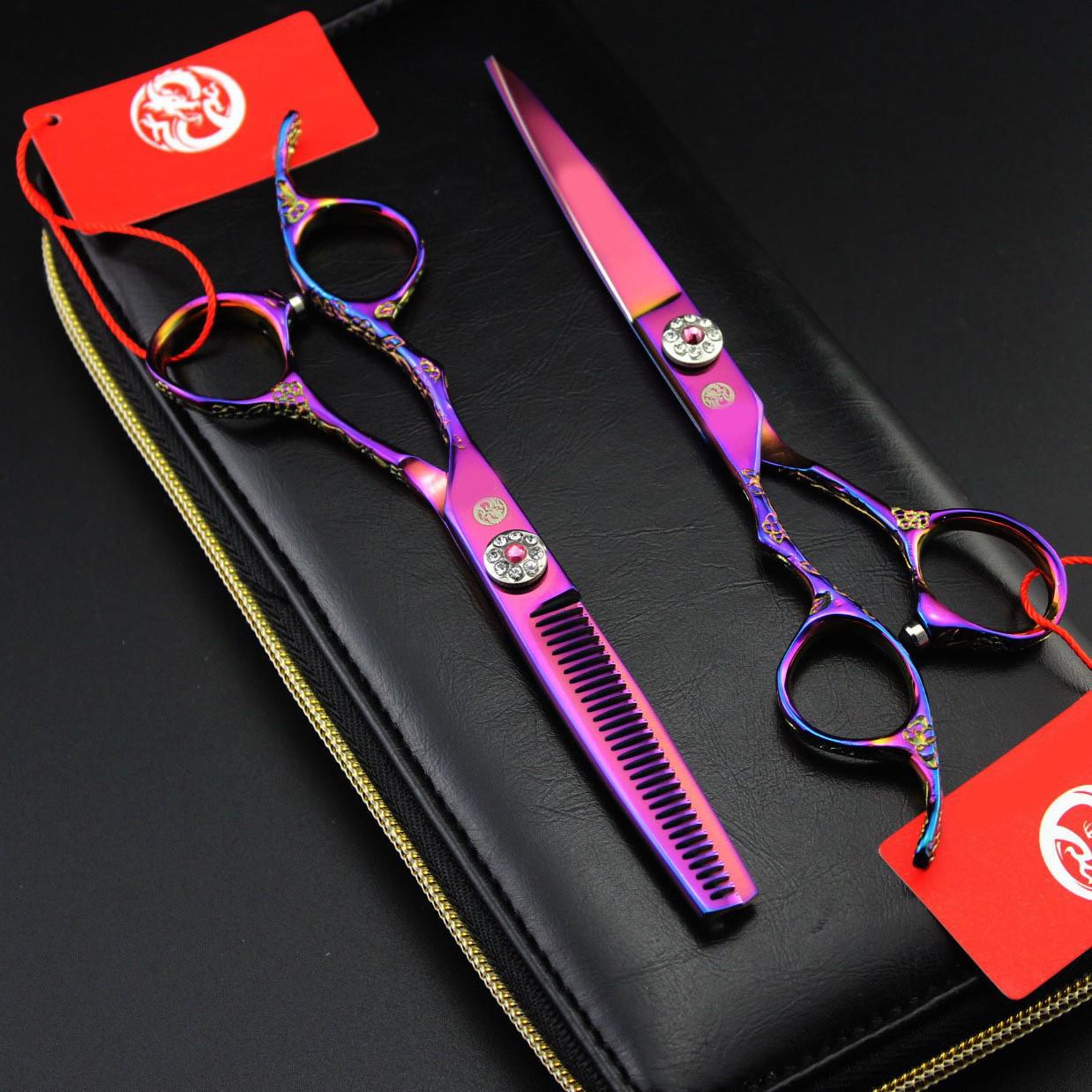6.0 Purple Dragon Left-Handed Plum Blossom Pattern Thinning Shears Set Straight Shear