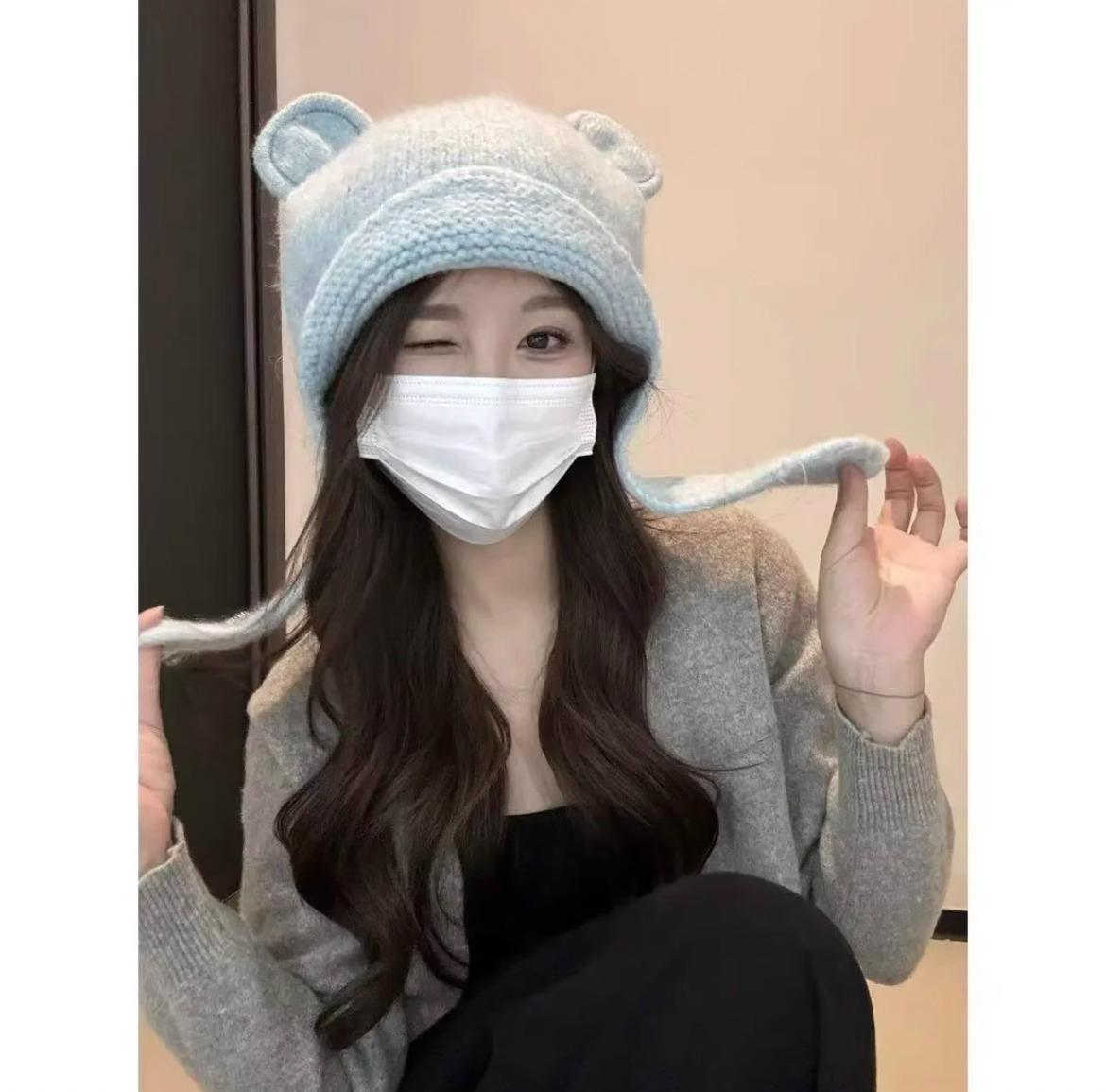 

Сладкая и милая детская новая осенне-зимняя теплая шапка из вязаной шерсти с защитой ушей, женская, универсальная и для маленького лица светло-синий