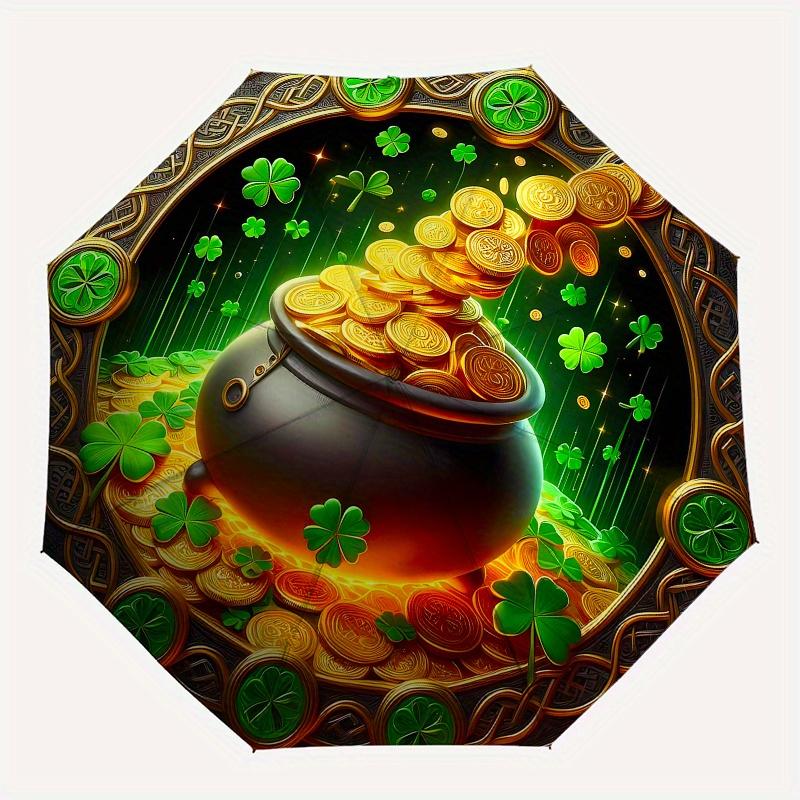Pot of Gold Coins with Four-Leaf Clovers, Irish Luck Symbol Umbrella, Cute Umbrella with Cute Design, Portable 3-Fold Compact Umbrella for Men & Women