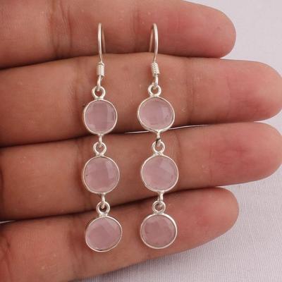 Solid 925 Sterling Silver Rose Quartz Gemstone Handmade Women Dangle Earrings Gift For Her