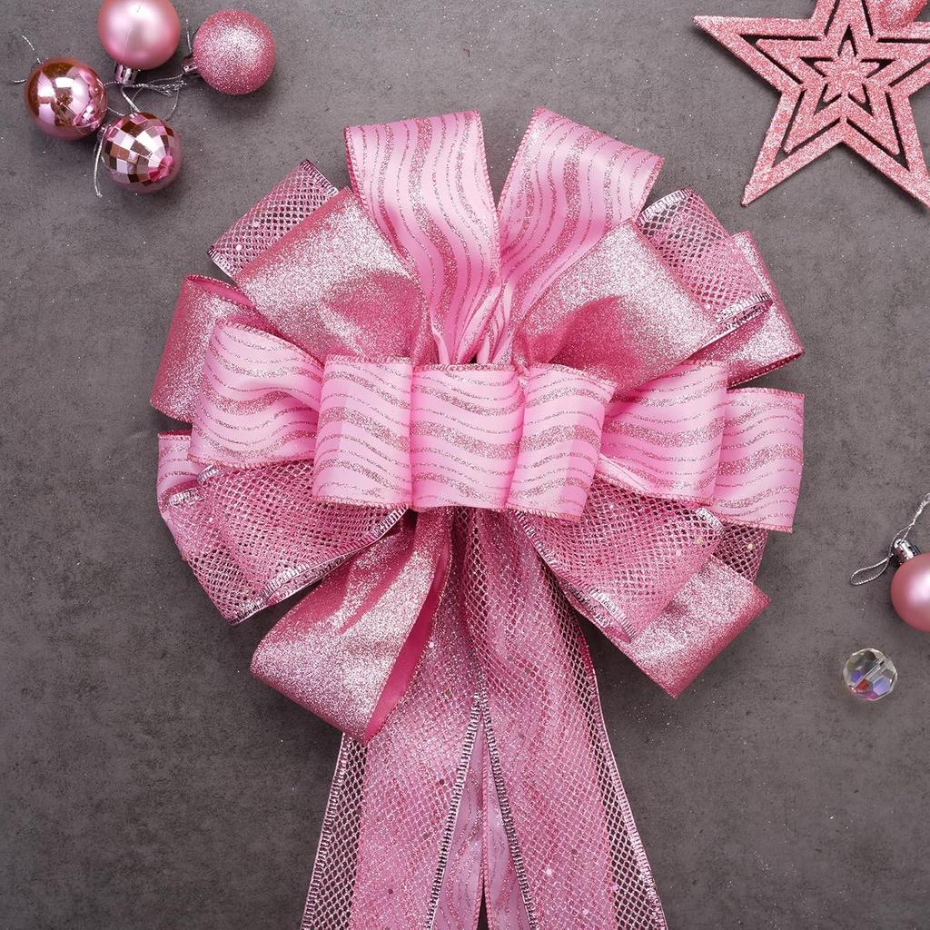 Christmas Tree Topper, 32x12 Inches Large Toppers Bow with Glitter Satin Mesh Streamer, Pink Christmas Tree Topper for Christmas Home Decoration