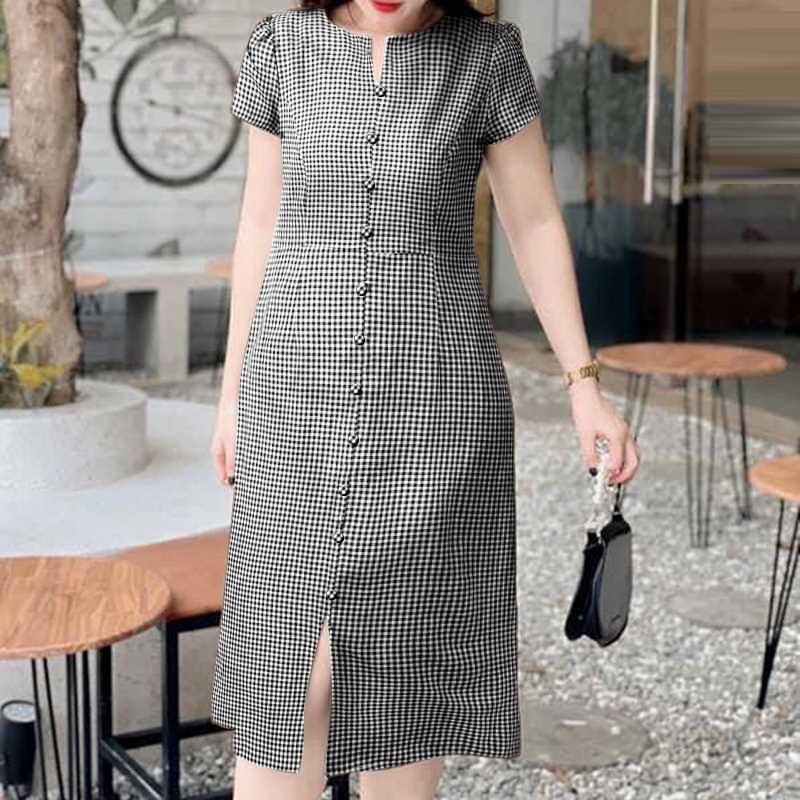 

ZANZEA Женское повседневное платье с круглым вырезом, летнее, с коротким рукавом, с принтом в клетку S чёрный