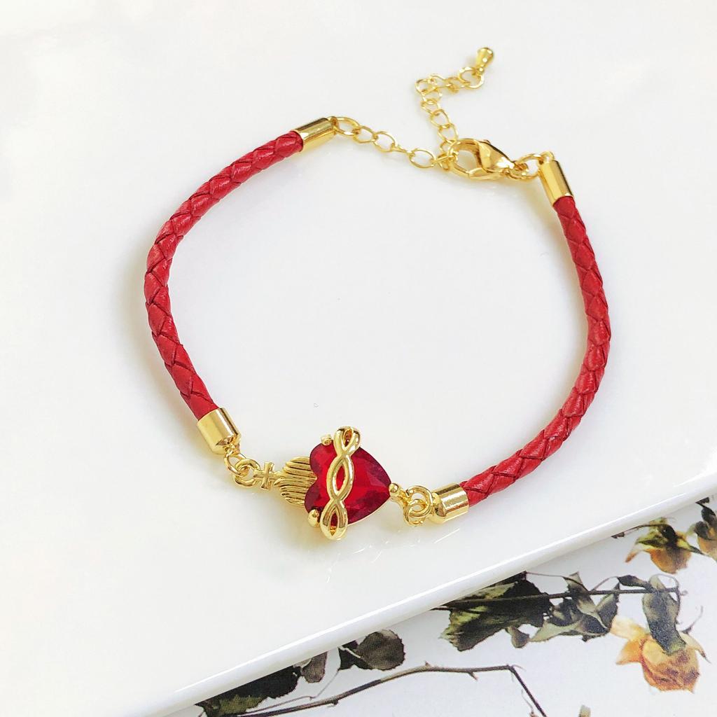 New Arrival Red Heart-Shaped Crystal Gold-Plated Flower Leaf Leather Bracelet Luxury For Women Girls Travel Vacation Jewelry
