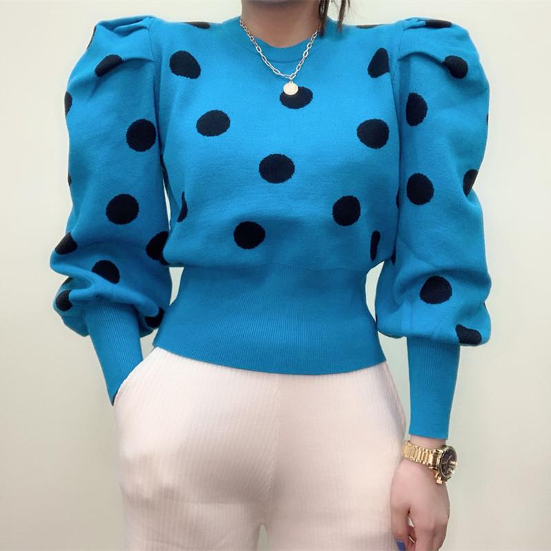 Spring New Design Women Polka Dot Sweater Ruched Bubble sleeve Pullovers Female Fashion Jumper