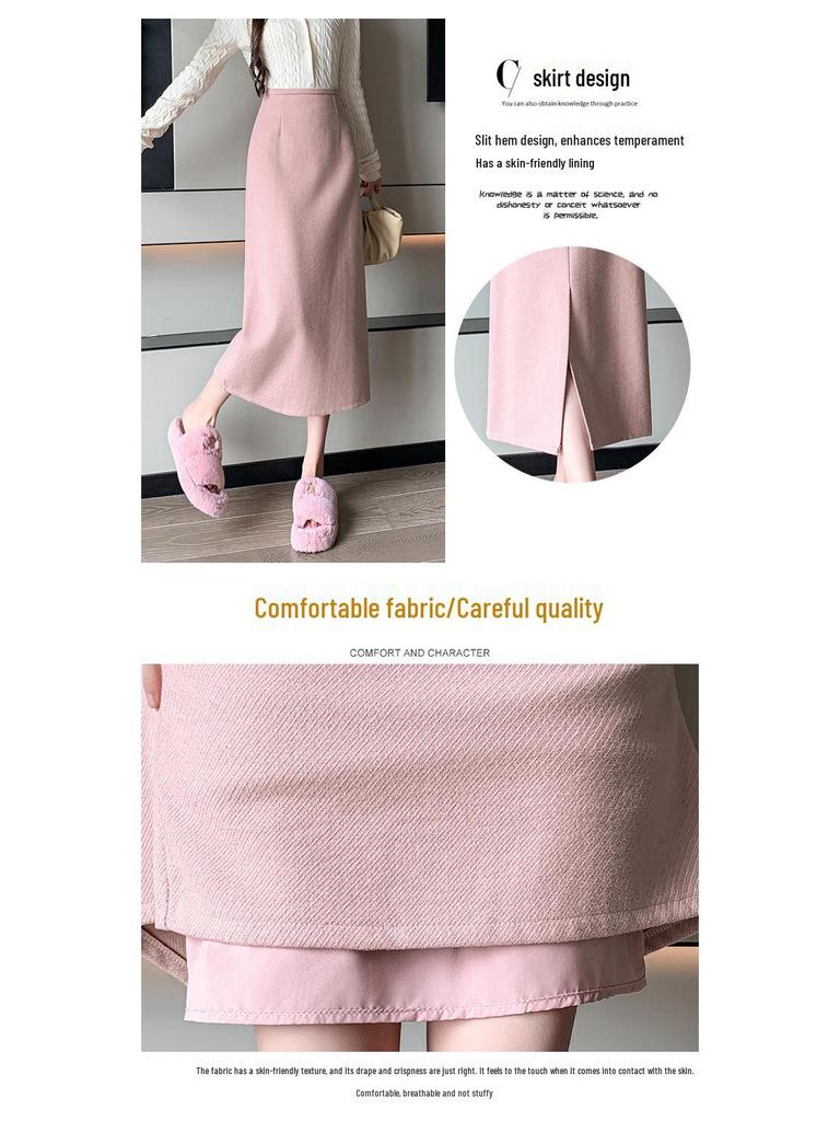 Women's 2025 Pink Wool High-Waist A-Line Midi Skirt for Autumn and Winter