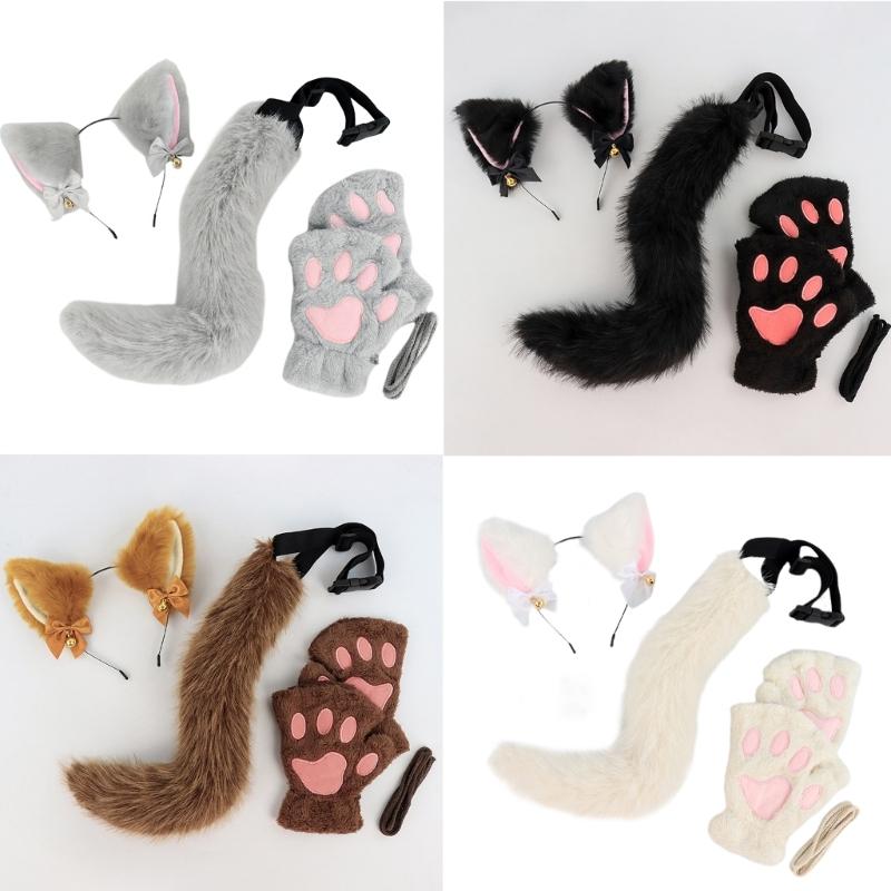 3Pcs Halloween Cats Costume Set for Girl Cosplay, Halloween Cats Costume Accessories with Headband, Tail, Gloves