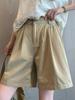 Women's 2026 Summer Beige American Style Wide Leg Lightweight Cotton Capri Shorts