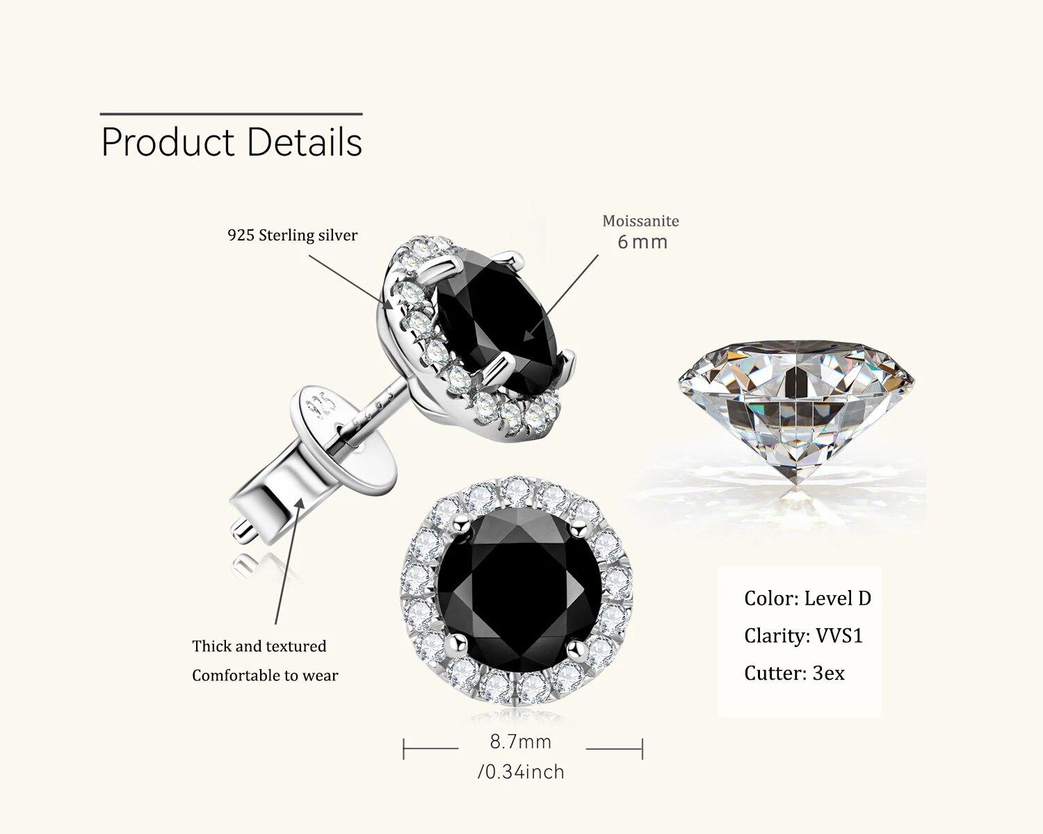 

6 мм черные круглые серьги-гвоздики с муассанитом Halo для женщин и мужчин, оригинальное серебро 925 пробы D/VVS1, роскошные ювелирные изделия с бриллиантами и GRA белый